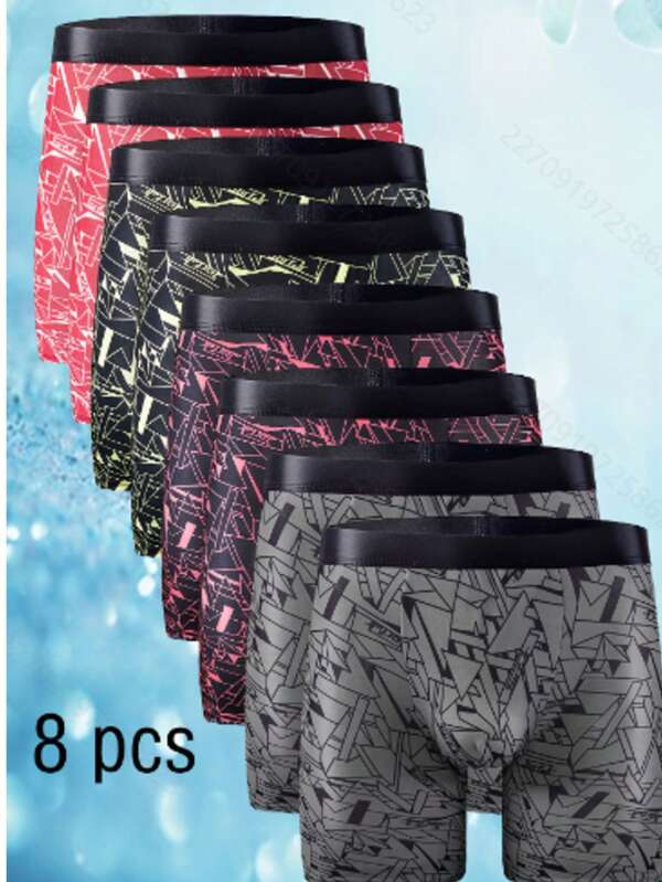8-Piece Men's Boxing Shorts, Fun Pattern Printed Men's Four-Way Briefs, Fashionable Comfortable Quick-Drying Thin Men's Long-Way Briefs, Sports Men's Boxer Briefs, Suitable For Christmas, Halloween, All Seasons To Wear, Boyfriend Gift.