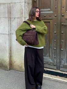 Women's Autumn/Winter Y2K Fluffy Oversized Crew Neck Long Sleeve Knit Pullover Sweater, Casual Cute Minimalist Street Style Back To School