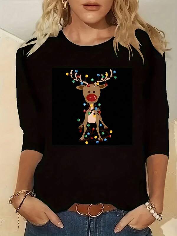 Christmas Reindeer Print Women's Casual Long Sleeve T-Shirt,Black Round Neck Top With Festive Lights & Ornaments, Machine Washable For Spring Summer Fall Holiday Wear, Reindeer Christmas Decor, Seasonal Fashion, Comfortable Fit, Durable Fabric