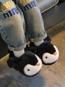 1 Pair Kids Plush Slippers, Cartoon Cute Non-Slip Soft Bottom Penguin Fur Toddler House Slippers, Winter - Black - View 5