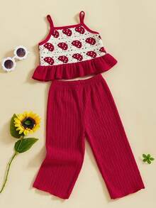 Conjunto de 2 piezas para niñas pequeñas, camisola con volantes y pantalones elásticos de crochet con flores y frutas, ropa de verano para bebés - Rojo - Ver 1