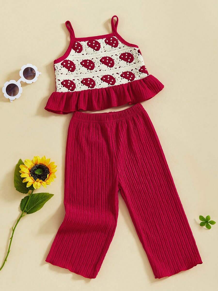 Conjunto de 2 piezas para niñas pequeñas, camisola con volantes y pantalones elásticos de crochet con flores y frutas, ropa de verano para bebés - Rojo - Ver 1