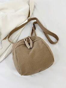 多口袋迷你灯芯绒便携式通勤拉链时尚简约休闲百搭单肩包/斜挎包，适合女性日常使用 - 卡其色 - 查看 8