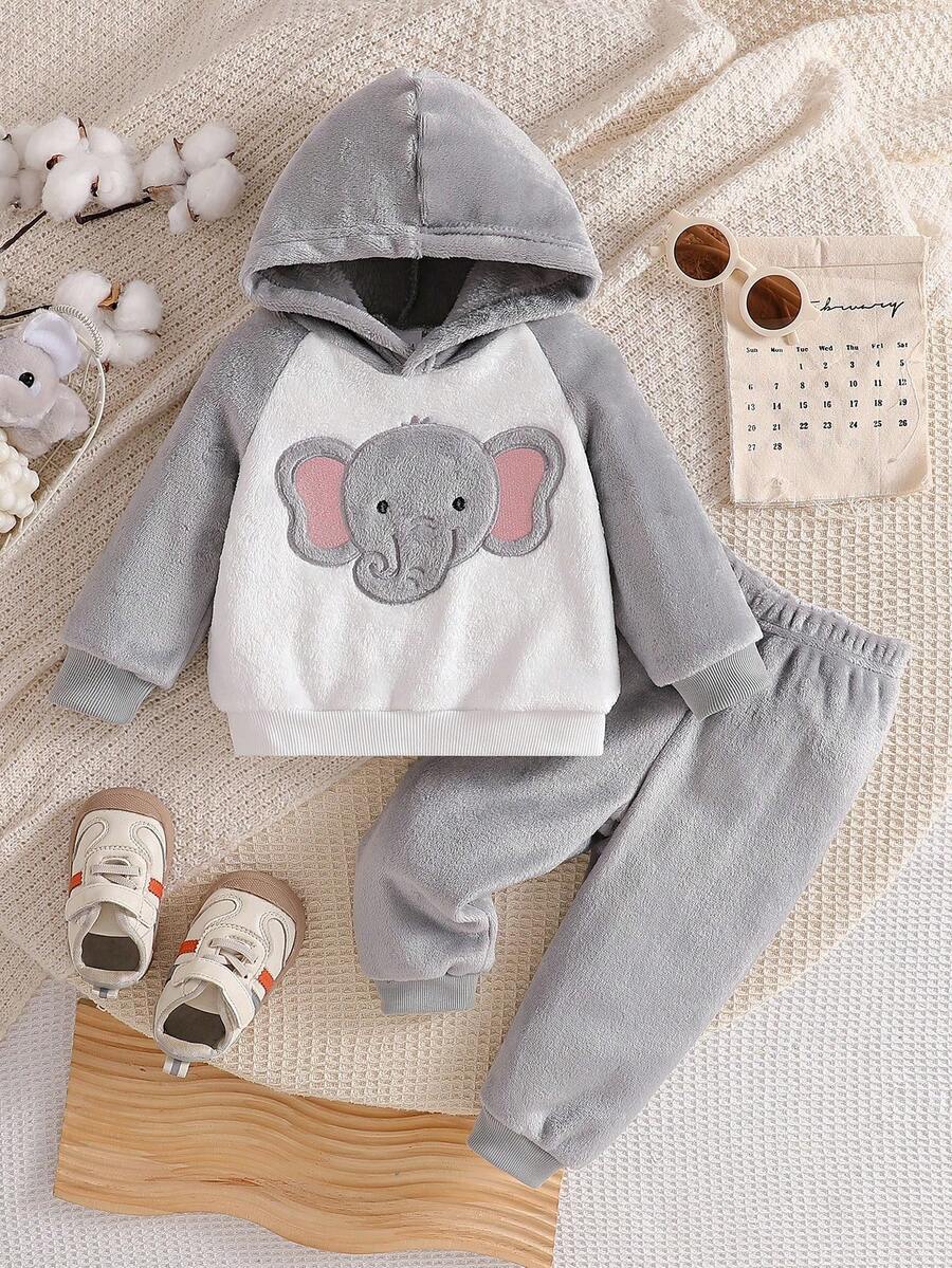Conjunto de sudadera con capucha de manga raglán y pantalones esponjosos grises con bordado de elefante de tela suave y cálida para bebés niños, adecuado para usar en casa y al aire libre, otoño/invierno