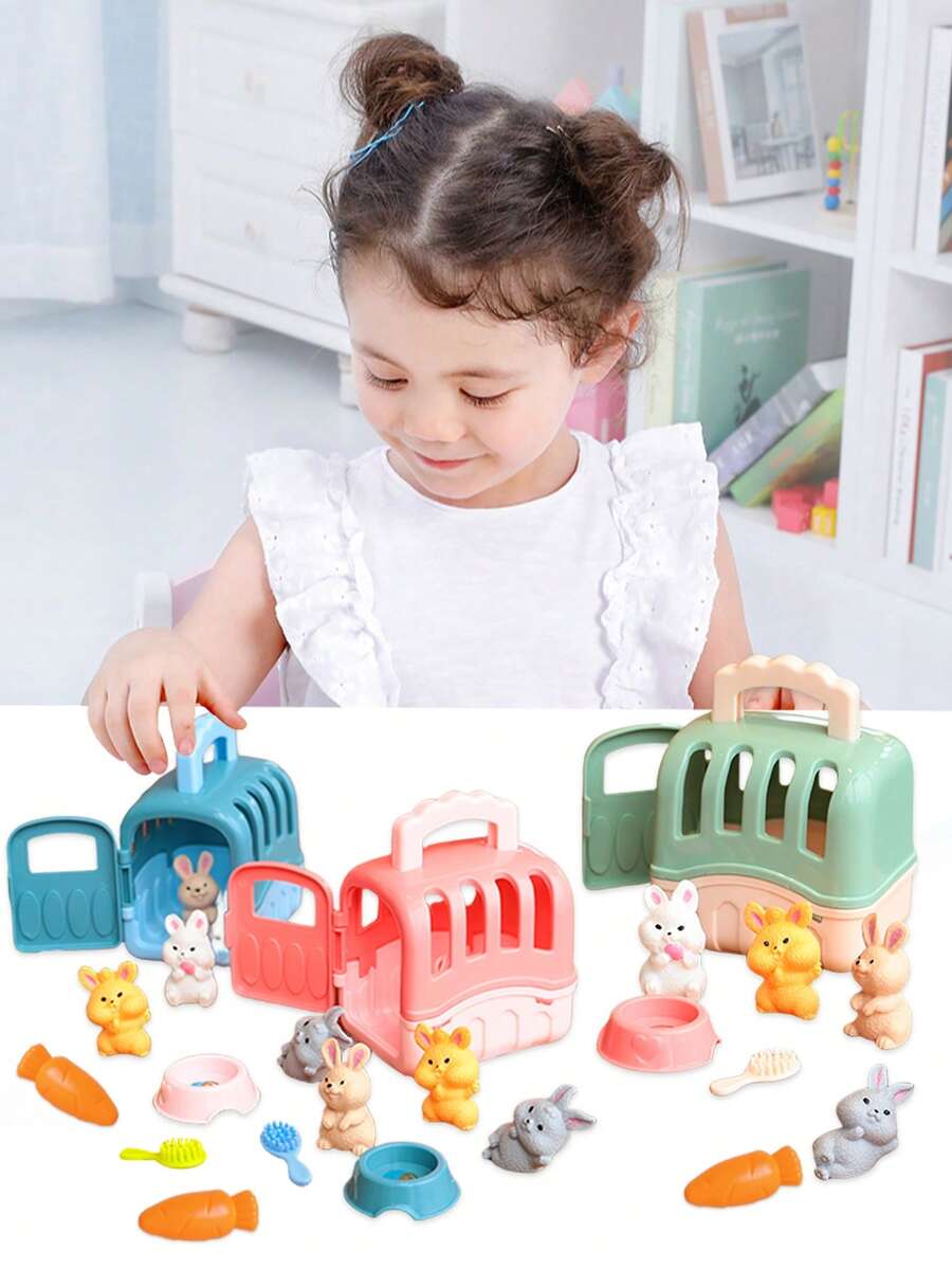 Children's Pretend Play Pet Rabbit Basket Toy Set, Feeding Simulation Cute Rabbit Playset, Birthday/Christmas Gift For Boys And Girls - Multicolor - View 1