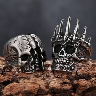 1 pieza Anillo de acero inoxidable con diseño gótico y estilo escalofriante, con calaveras grabadas, regalo de joyería de Halloween para hombre