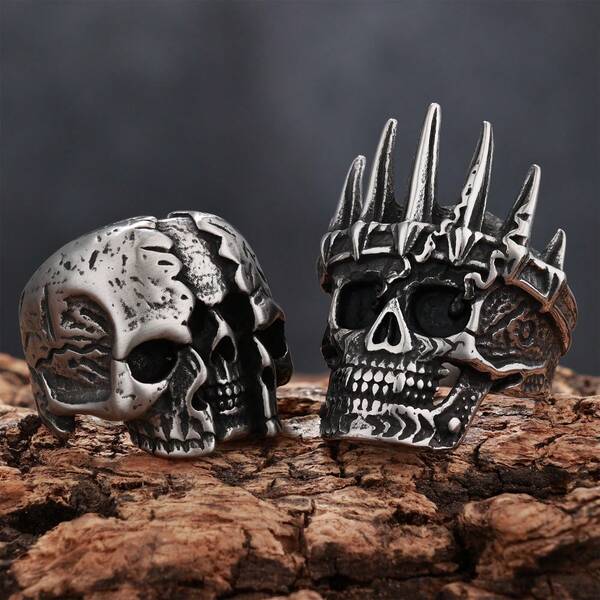 1 Piece Stainless Steel Gothic Creepy Style Death Vampire King Punk Gothic Skull Ring Halloween Jewelry Gift For Man