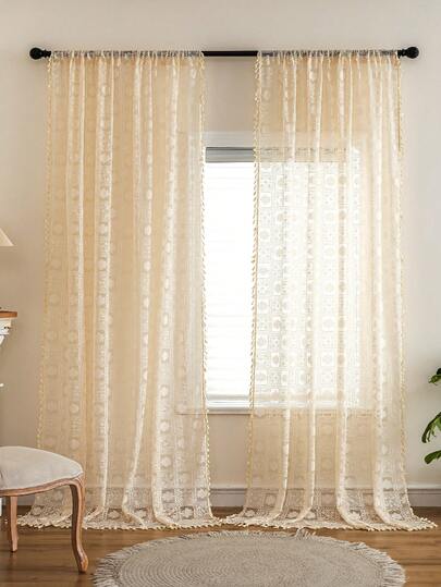 1pc Beige Lace Curtain With Geometric Floral Pattern, Lightweight Semi-Sheer Tassel Trim Curtain, Grommet Top Curtain For Living Room And Bedroom, Noise Reduction And UV Protection, Christmas Decor Blackout Curtain (150g Fabric Weight)