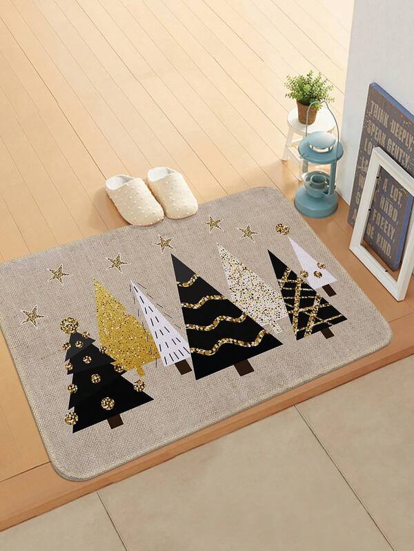1 قطعة سجادة باب مطبوعة بشجرة عيد الميلاد الكرتونية، سجادة مستطيلة ناعمة ومانعة للانزلاق، مناسبة للمطبخ وغرفة المعيشة والنوم والحمام ومدخل المنزل