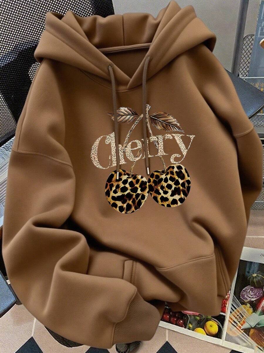 Sudadera con capucha y bolsillos canguro de mujer con estampado de leopardo y monograma <<CHERRY» Sudadera con capucha y bolsillos canguro Suelta Casual Cómodo para el día a día Top