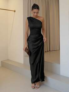 Women's Elegant Solid Color Pleated Backless Satin Patchwork Maxi Dress, Suitable For Outings, Parties, Cocktail Events, Wedding Guests, And Vacations