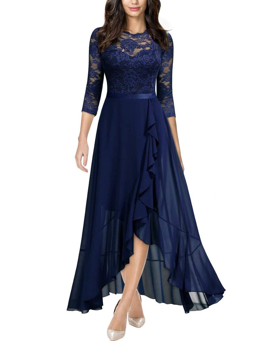 MIUSOL Elegant Women's Floral Lace Bodice Trim Navy Blue Chiffon Maxi Dress, Round Neck, 3/4 Sleeves, Ruffle Flowy Hem, For Wedding Guest, Evening Party, Formal Event, Prom - 藏蓝色 - 查看 1