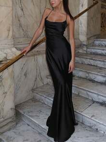 Women Summer Solid Backless Lace Up Satin Long Dress, Sexy Slim Elegant Party Dress, Prom Evening Dress, Wedding Guest Dress, For Cocktail