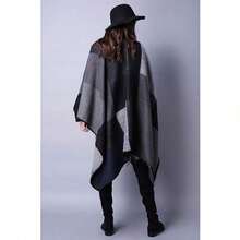 Women's Warm Shawl Wrap Cape Winter Cardigan Sweaters Open Front Poncho - A1-黑色 - 查看 5