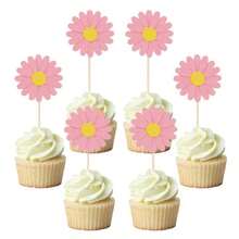 6 pièces/12 pièces/24 pièces Fleurs roses blanches jaunes de marguerite, Décorations de cupcakes pour anniversaire, mariage, fête. Fournitures DIY pour la décoration de cupcakes