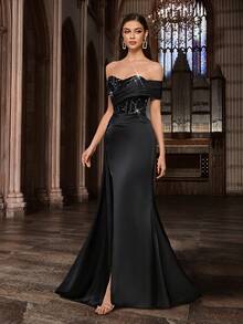 QOQ Fashion Elegant Sequins Splicing Women Party Evening Gown Chic Summer Formal Dress For Dinner Party, Birthday Party, Galas, Graduation Season Prom, Homecoming