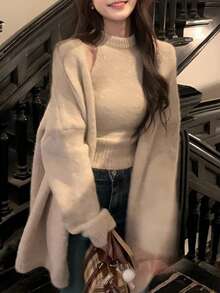 [New For Fall/Winter] Unique Design 2-Piece Top Set For Women, Khaki, One Size Fits All, Extremely Popular Model - 卡其色 - 查看 3