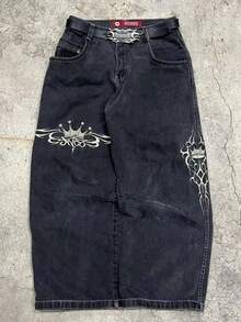 Retro Black Grey Y2K Cross Embellished Straight-Leg Jeans For Men Ultra Comfort Stretch Denim All-Day Wear Street Style Vintage Design Fashionable Casual Pants - 黑色 - 查看 1