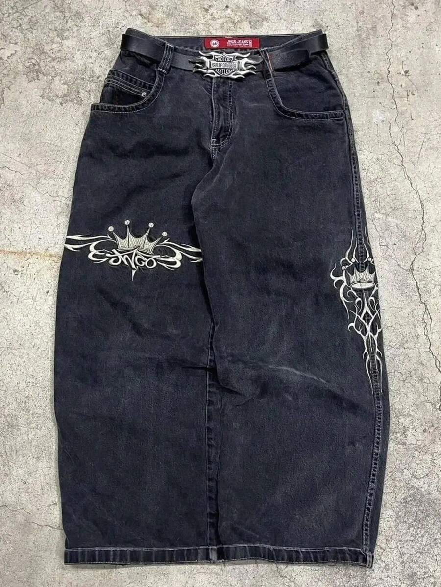 Retro Black Grey Y2K Cross Embellished Straight-Leg Jeans For Men Ultra Comfort Stretch Denim All-Day Wear Street Style Vintage Design Fashionable Casual Pants - 黑色 - 查看 1