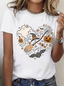 Camiseta de Mujer con Estampado de Halloween - Manga Corta, Cuello Redondo, Diseño de Fantasmas Espeluznantes, Murciélagos y Calabazas, Verde Vibrante, Tejido Transpirable Lavable a Máquina para Verano, Primavera y Todo el Año, Moda Temporal, Patrón Divertido, Ajuste Cómodo, Camisa Impresa, Ideal para Festivales - Blanco - Ver 2