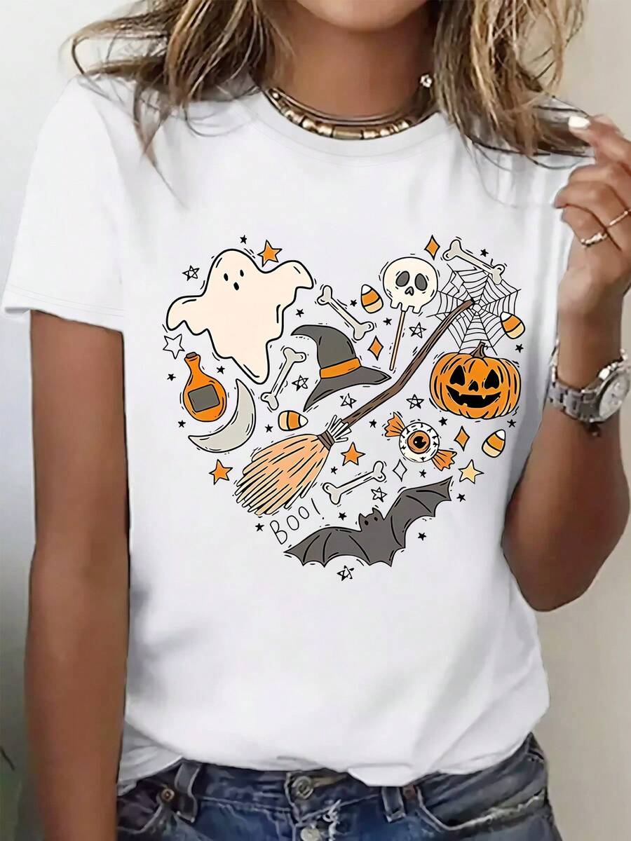 Camiseta de Mujer con Estampado de Halloween - Manga Corta, Cuello Redondo, Diseño de Fantasmas Espeluznantes, Murciélagos y Calabazas, Verde Vibrante, Tejido Transpirable Lavable a Máquina para Verano, Primavera y Todo el Año, Moda Temporal, Patrón Divertido, Ajuste Cómodo, Camisa Impresa, Ideal para Festivales