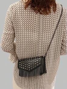 DareSee Bolso cuadrado con solapa, decorado con tachuelas y flecos, ideal para festivales de música, festivales Y2K, vuelta al colegio, otoño, Navidad e invierno. Regalo de Navidad.