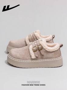 1 Pair WARRIOR Women's Autumn/Winter Warm Sports Shoes, Lace-Up Soft Sole Casual Shoes, Low-Top Outdoor Flat Shoes, Thick Sole Commuter Shoes, Round Toe Low Heel Non-Slip Solid Color Elegant Soft Bottom Hiking Suitable For Students Graduation Photos Flat Shoes, Low-Top Leather Sports Skateboard Shoes For Women - Beige - View 2