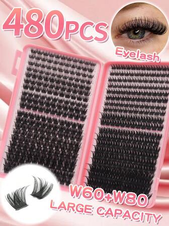 [480 Clusters High Capacity] D Curl Fake Eyelashes Set, W Type W60+W80 Mixed, D Curl Curly 8-16mm Mixed Length, 0.07mm Ultra-Fine, DIY Eyelash Extension, Daily Makeup & Cosplay Eye Makeup