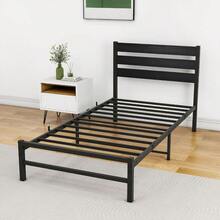 Twin Size Bed Frame With Rustic Vintage Wood Headboard Strong Metal Slats Port Heavy Duty Metal Platform Bed Frames No Box Spring Needed Mattr Foundation Black - 雙床+黑-黑 - 查看 7