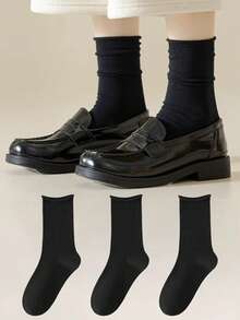 1/6 Pairs Women Melon Color Solid Cuffed Simple Versatile Comfortable Elastic Casual Socks, Suitable For Home, Spring/Autumn/Winter, Thermal Lined Mid-Calf Socks