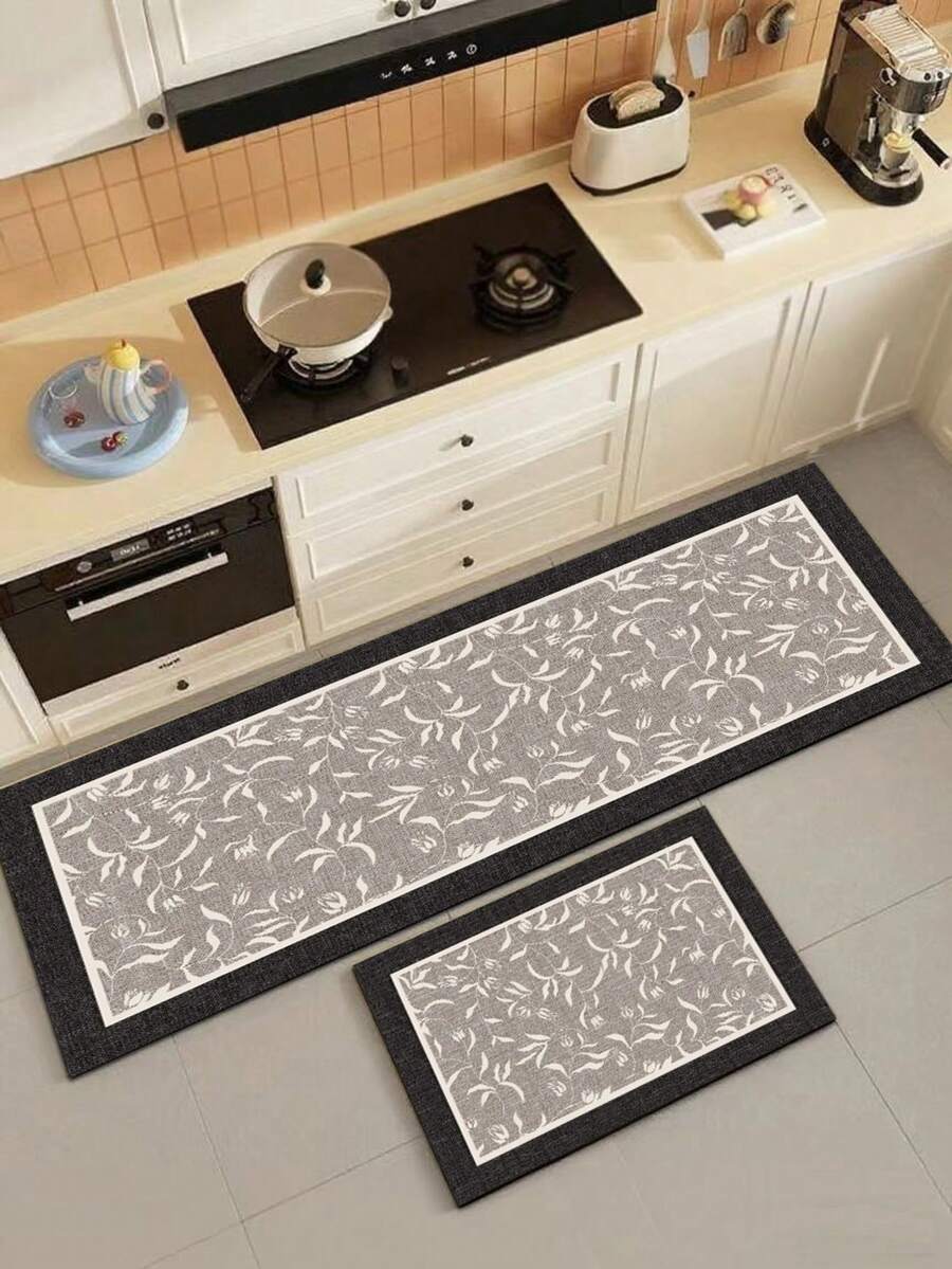 1pc Silica Gel Kitchen Mat With Plant & Floral Pattern, White Leaves & Flowers Decor On Light Gray Background, Elegant & Chic, Cushioned Anti-Fatigue Kitchen Carpet