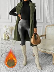 Women's Casual Turndown Collar Double Button Pocket Military Green Fluffy Cardigan Jacket - Green - View 5