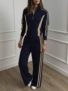 女士条纹印花长袖上衣外套和休闲直筒裤两件套，秋冬春季 - 藏蓝色 - 查看 4