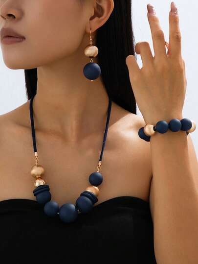 3pcs Beaded Jewelry Set, Vintage Geometric 3D Lacquer Acrylic Beaded Necklace, Elastic Bracelet, Earrings, Bohemian Elegant , Suitable For Daily, Holiday, Leisure, Vacation