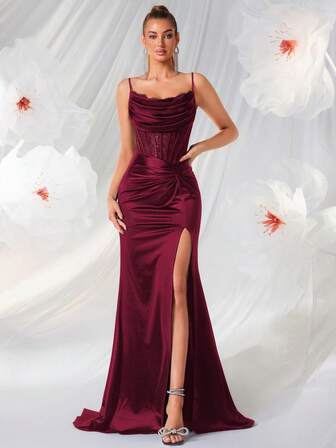 ADYCE Vestido largo elegante con encaje, parches y pliegues en la cintura alta, con abertura y espalda descubierta, adecuado para graduación, baile de graduación, fiesta de cumpleaños, cena formal, regreso a casa, invitado de boda, gala, Año Nuevo y otras ocasiones