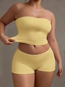 XLLAIS 性感无肩带基础款背心，时尚纯色弹力修身抹胸上衣，适合女性四季穿着 - 黃色 - 查看 6