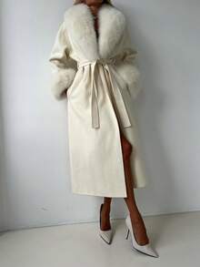 Glamful Elegant Chic Minimalist Business Commute Women's Coat, Solid Color Waist Belt Faux Fur Patchwork Long Coat, Winter Outerwear For Women, New Year Clothes - Apricot - View 3