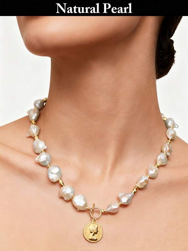 1pc Fashion Pearl Necklace With Natural Diamond Baroque Pearl Pendant, Suitable For Daily, Evening Party, Festival, Gift Box