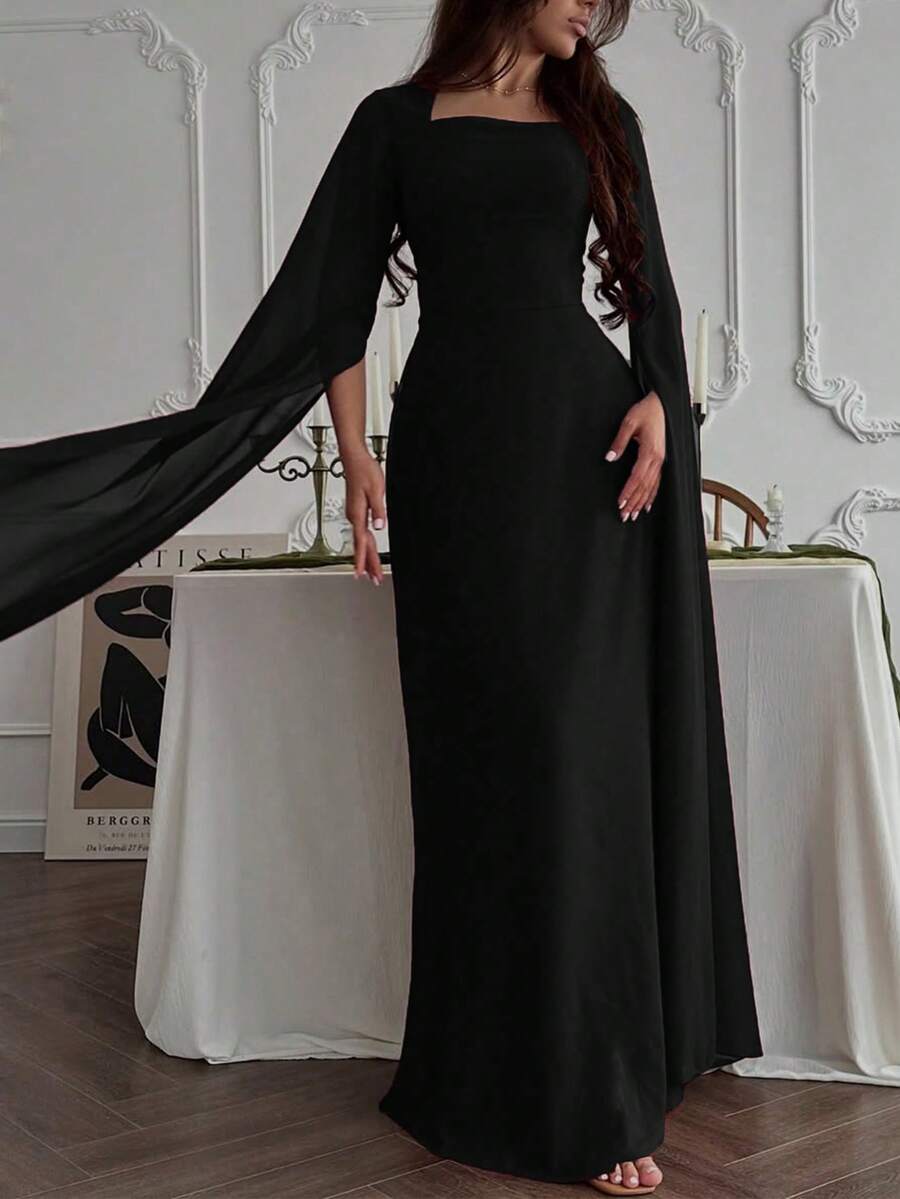 优雅时尚披肩袖宫廷风修身连衣裙，适合毕业典礼、婚礼等场合，高端优雅长袖披肩性感修身优雅长袖连衣裙，黑色连衣裙，春季款 - 黑色 - 查看 1
