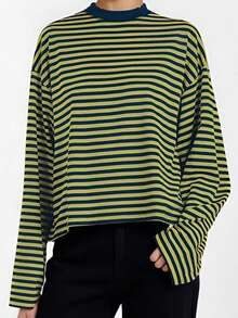 Women Striped Long Sleeve Baggy T Shirts Y2k Vintage Stripes Oversized Boxy Tees Cropped Tops Lionesss Stripped Sweatshirt Fall Preppy Teen Girl Clothes - 藏蓝色 - 查看 2