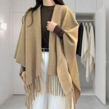 Women's Oversized Fringe Poncho Shawl Wrap Office Air-Conditioned Room Shawl Outer Wear Women's Four Seasons Cloak Travel Wear Cloak Airplane Blanket In Various Colors - Lạc đà - Xem 3