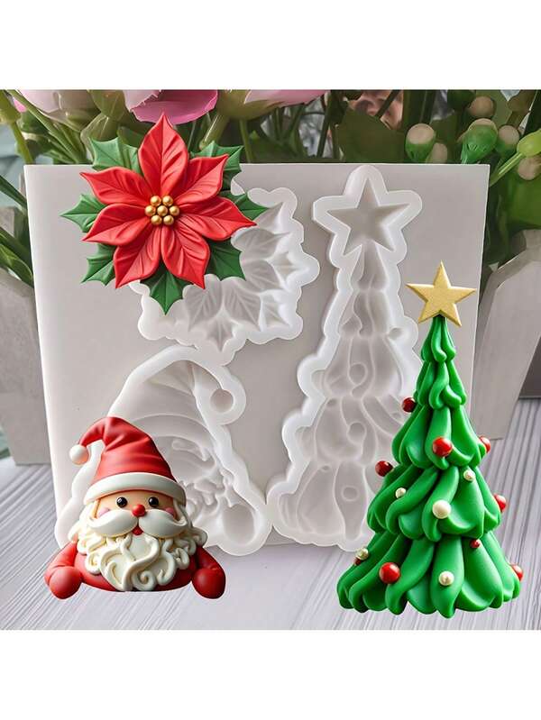 Molde de silicone para Papai Noel e Árvore de Natal, 1 peça – com folhas de poinsétia vermelha, detalhes complexos, compatível com resina/argila/gesso/silicone | Para projetos de artesanato DIY domésticos/profissionais e enfeites natalinos