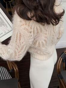 Giacca elegante invernale da donna - Collo tondo semi-trasparente con chiusura anteriore a bottoni, Beige/Marrone/Grigio/Nero, lavabile a mano, caldo per autunno e inverno, casual e formale, Blusa in pizzo geometrico con media elasticità, Capo di abbigliamento alla moda per strati, Cardigan lavorato a maglia invernale di alta qualità per donna, Cappotto lungo, Giacca invernale da donna, Felpa - Albicocca - Visualizzare 2