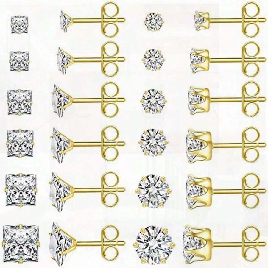 Hypoallergenic Stud Earrings For Women & Men, Stainless Steel Cubic Zirconia Set For Multiple Piercings (12 Pairs, 3-8 MM)