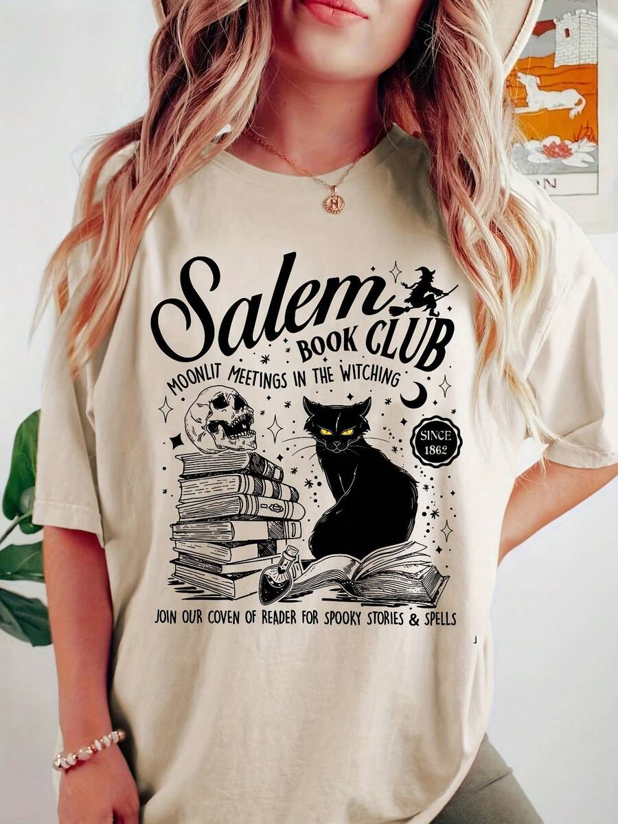 Salem Book Club Black Cat Unisex T-Shirt - trắng - Xem 1