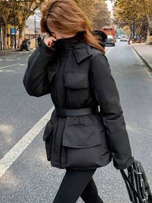 Chaqueta de mujer de estilo casual y sencillo para la calle, con cintura ceñida, de unicolor, con bolsillos con cremallera, ropa de exterior de algodón, con vibra de vacaciones, nueva llegada de invierno