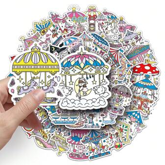 50pcs Cute Cartoon Merry-Go-Round Doodle Stickers For Children, Decorative For Scrapbooking, Phone Cases, Luggage