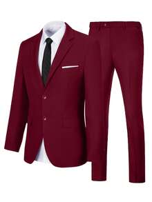 Furuyal 男士两件套优雅西装套装，男士绅士纯色双扣修身单排扣商务西装外套及裤子套装，适合舞会、派对、婚礼等场合，尽显绅士风范，酒红色，尺码 XS-3XL