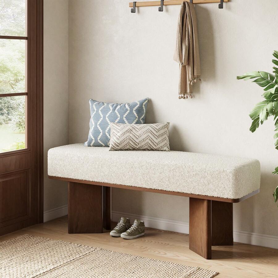 LITTLE TREE Modern Shoe Bench With Cushion, 47-Inch Entryway Bench, Rectangle End Of Bed Bench For Bedroom, Ivory Tufted Upholstered & Brown Wooden Pedestal, Ideal For Living Room Hallway Dining Table - 棕色 - 查看 1
