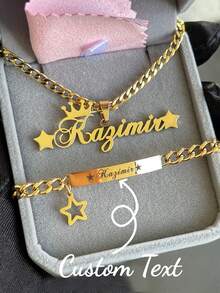 2 Stücke Geschenk zur Schulanfang, personalisiertes Schmuckset, bestehend aus personalisierter Stern-Namenskette und Armband-Set, Edelstahl-Stern- und Kronen-Anhänger mit eingraviertem Namenskette, einfaches, lässiges, hippes, gotisches, punk-artiges, personalisiertes, einzigartiges Geschenk für sie, ihren Freund, ihre Freundin, ihren Vater